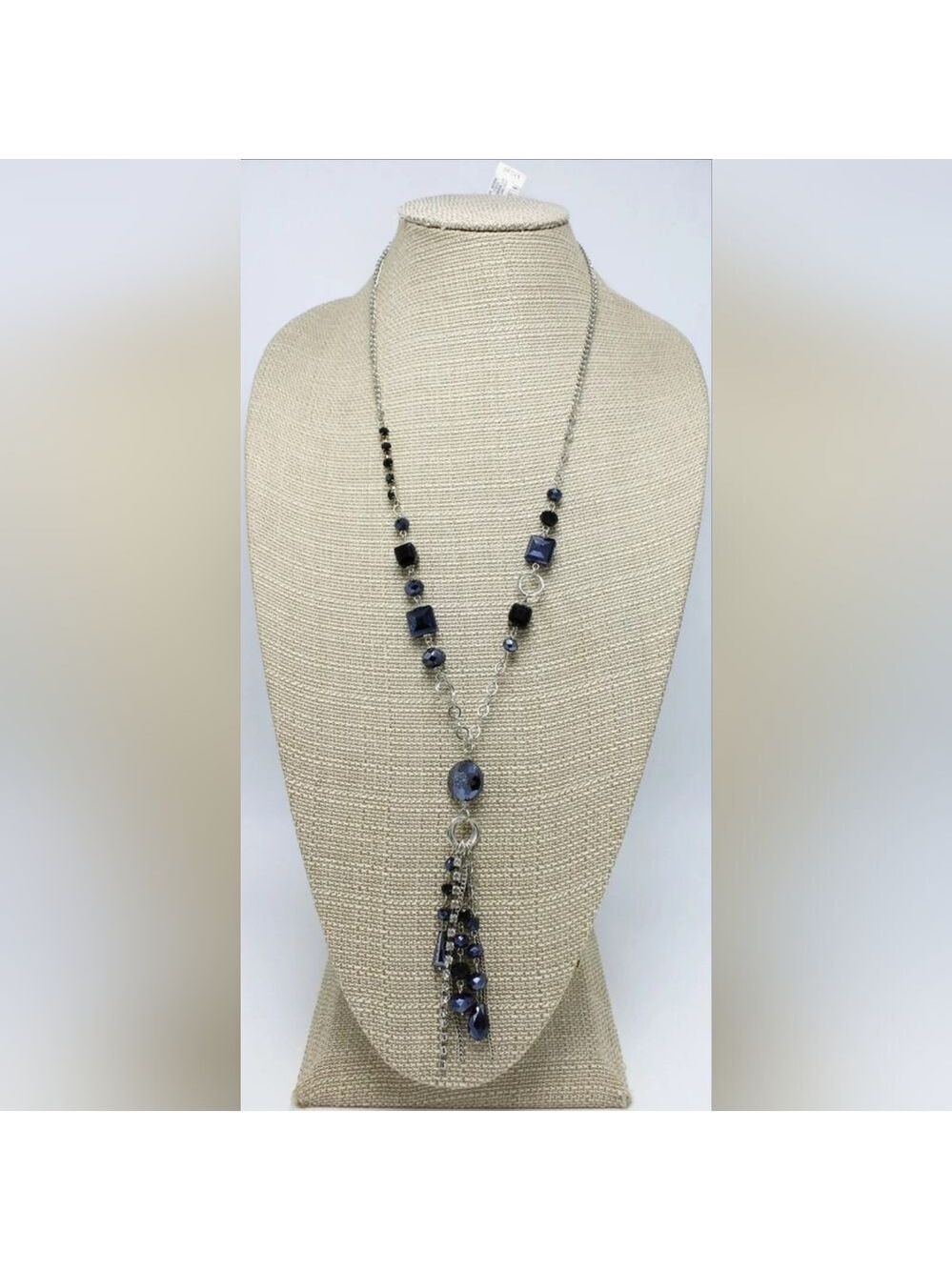 I.N.C. Silver Tassel Necklace with Jet Stones & Rhinestones NWT 26"